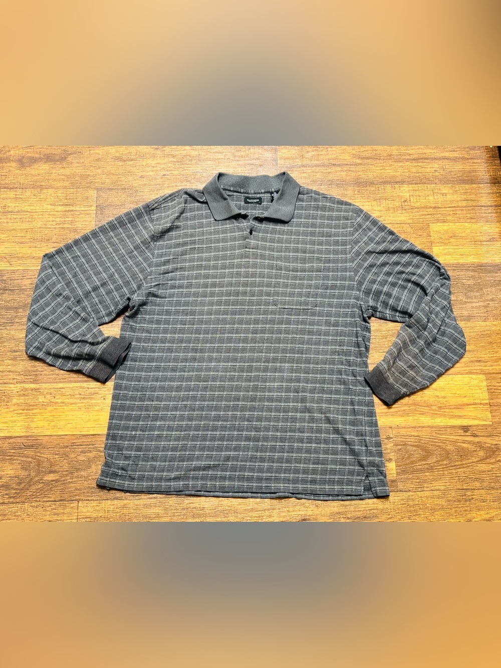 Van Heusen Charcoal Gray Windowpane Long Sleeve Polo